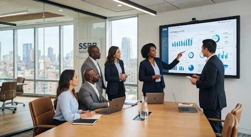 Corporate professionals collaborating in a modern boardroom